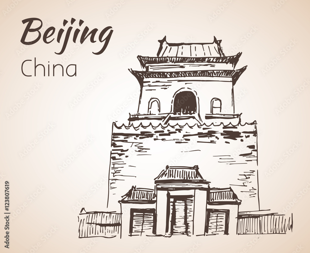 Bell Tower - China attraction. Sketch.