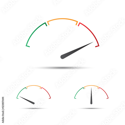 Set of simple vector tachometer with indicator in green, yellow and red part, speedometer icon, performance measurement symbol
