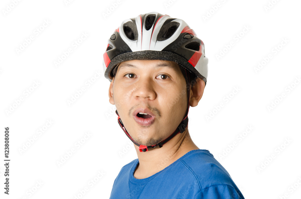 The man wearing bike helmet feeling wow and ready to cycling,isolated on white background The man wearing bike helmet feeling wow and ready to cycling,isolated on white background