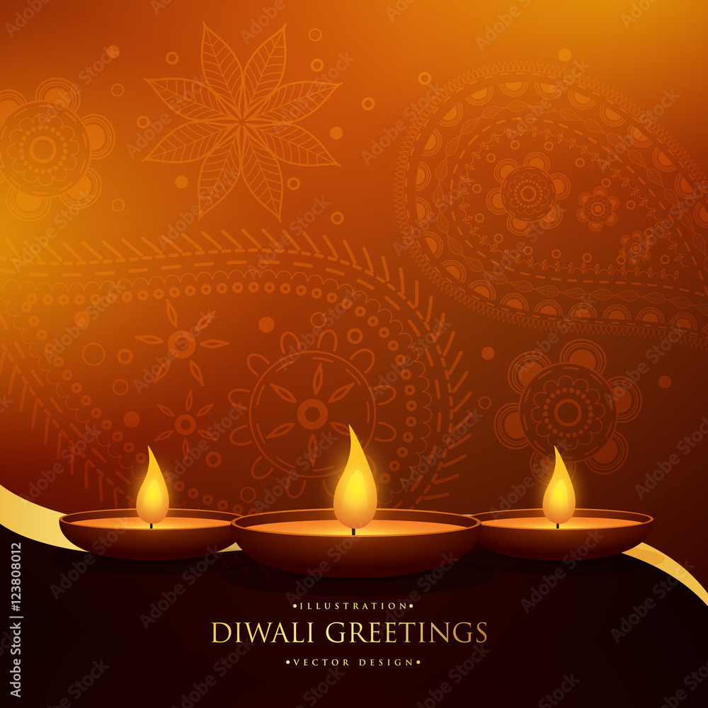 happy diwali beautiful greeting with three diya and paisley deco happy diwali beautiful greeting with three diya and paisley deco