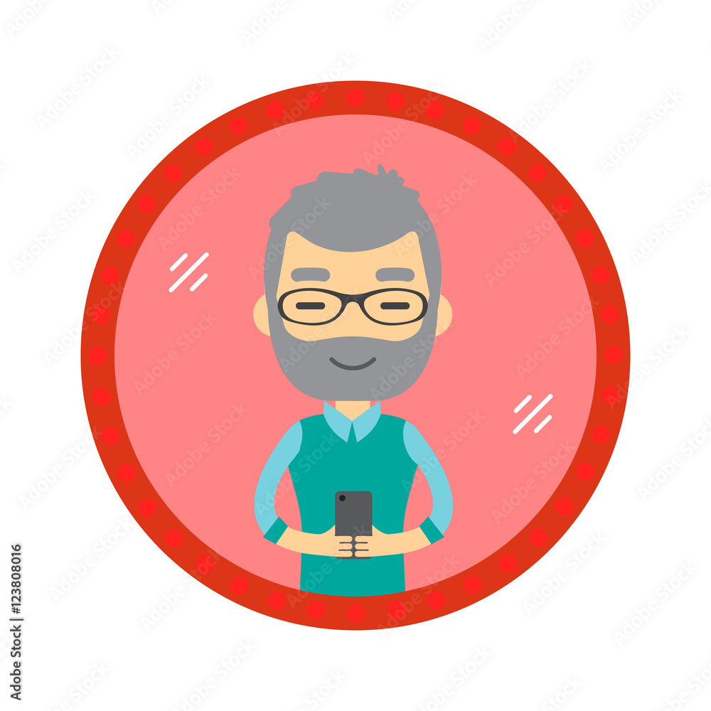 Hipster style man take a selfie in the mirror. Vector flat desig