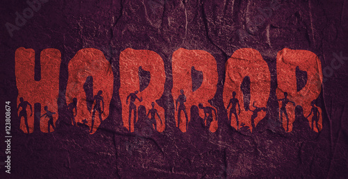 Horror word and silhouettes on them. Halloween theme background. Concrete wall textured