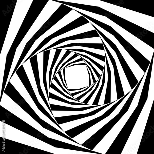 Vector Illustration.Black and White Striped Helix  Expanding from the Center. Optical Illusion of Depth and Volume. Suitable for Web Design.
