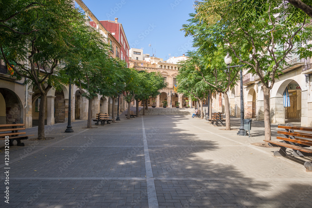 The Plaça de la Quatera in the village Falset, the small capital of the region of Priorat. It is a square with trees and arcades, where the former Renaissance palace of the Count now the Town Hall is