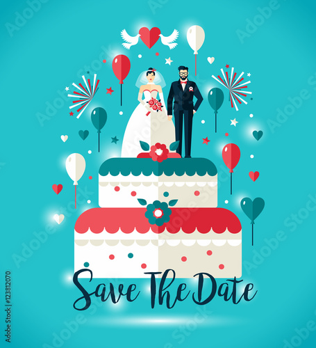 Wedding invitation card. Two on wedding cake with balloons.