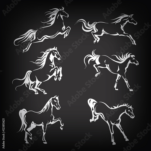 Set with hand-drawing graphic of a running horses