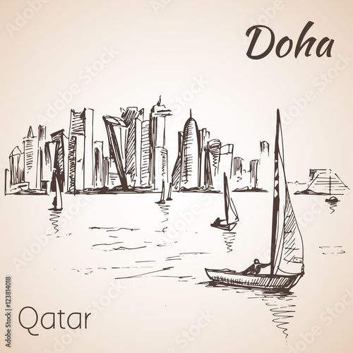 Doha, Qatar city view sketch.