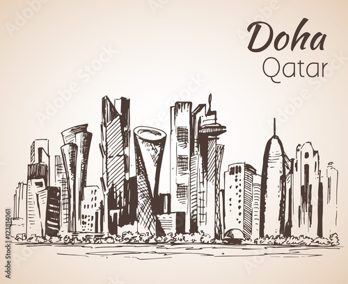 Doha, Qatar city view sketch.