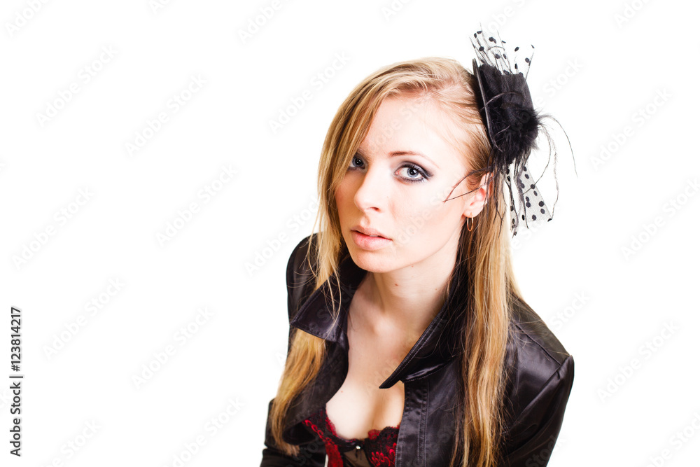 Blond long hair girl with retro hat isolated on white Blond long hair girl with retro hat isolated on white