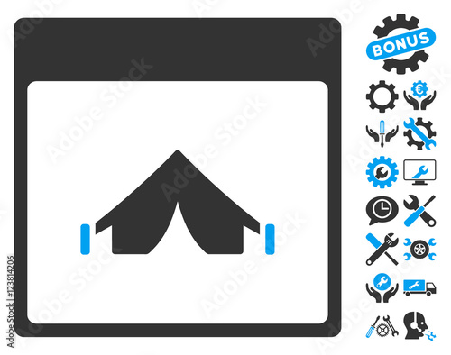 Camping Calendar Page pictograph with bonus options pictures. Vector illustration style is flat iconic symbols, blue and gray, white background.