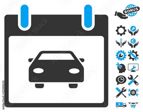 Car Calendar Day pictograph with bonus service pictures. Vector illustration style is flat iconic symbols, blue and gray, white background.