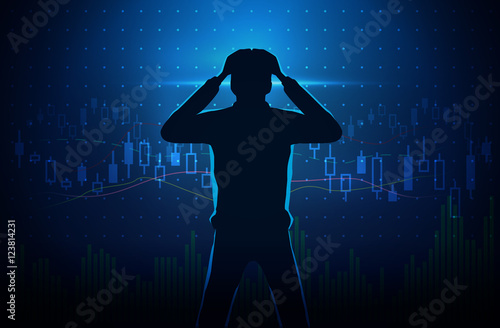 Silhouette of stressed investor on concept background about stock chart. Man touch his head.