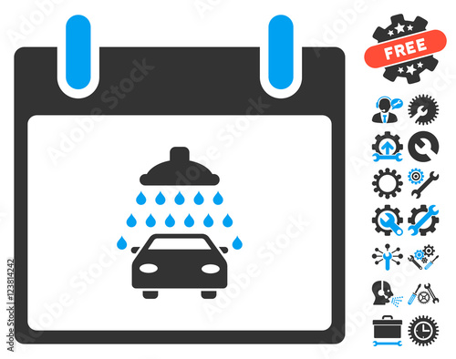 Car Shower Calendar Day icon with bonus tools clip art. Vector illustration style is flat iconic symbols, blue and gray, white background.