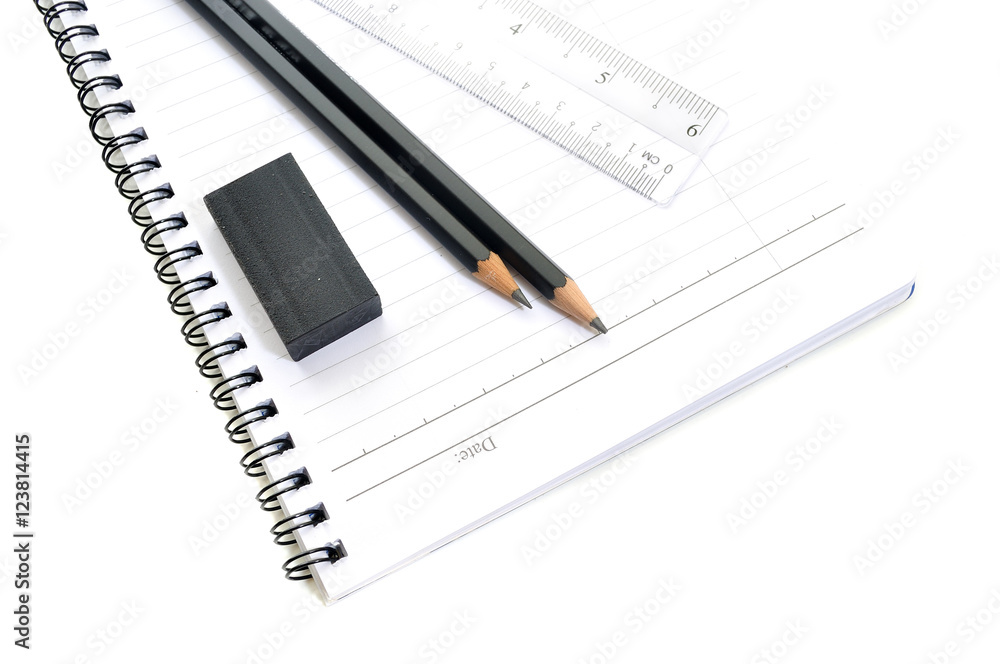 Blank page with pencils, eraserand ruler isolated on white background Blank page with pencils, eraserand ruler isolated on white background