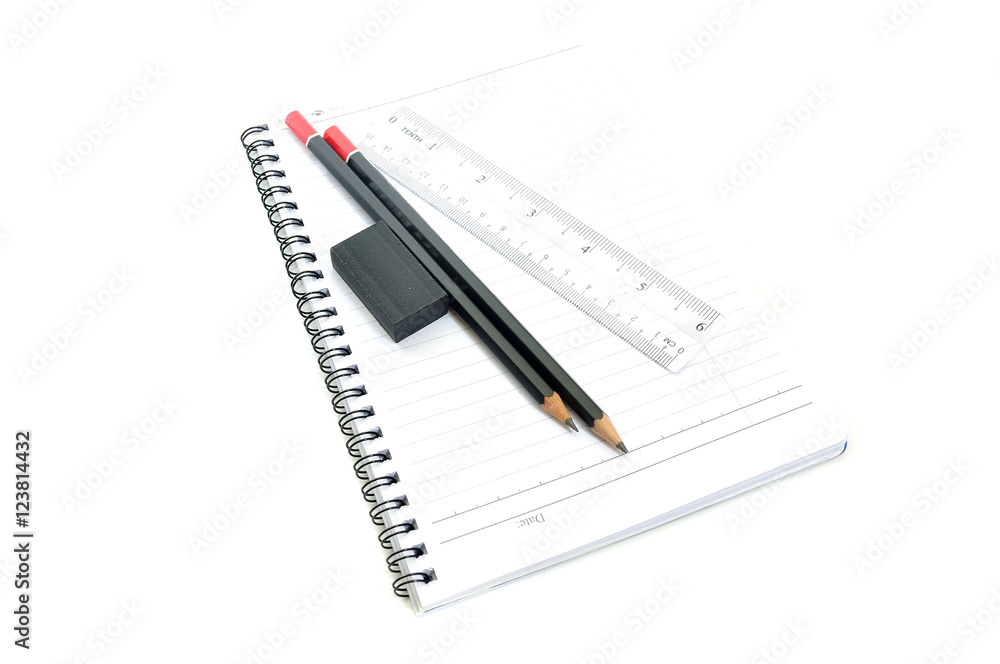 Blank page with pencils, eraser and ruler isolated on white background Blank page with pencils, eraser and ruler isolated on white background