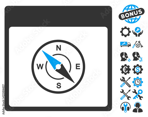Compass Calendar Page pictograph with bonus setup tools icon set. Vector illustration style is flat iconic symbols, blue and gray, white background.