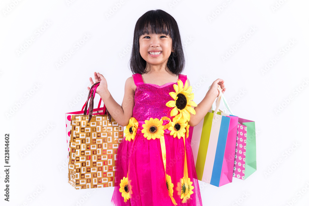 Happy Asian Chinese Liitle Girl Holding Shopping Bags Happy Asian Chinese Liitle Girl Holding Shopping Bags