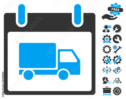 Delivery Car Calendar Day pictograph with bonus setup tools graphic icons. Vector illustration style is flat iconic symbols, blue and gray, white background.
