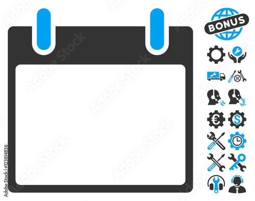 Empty Calendar Leaf icon with bonus settings images. Vector illustration style is flat iconic symbols, blue and gray, white background.