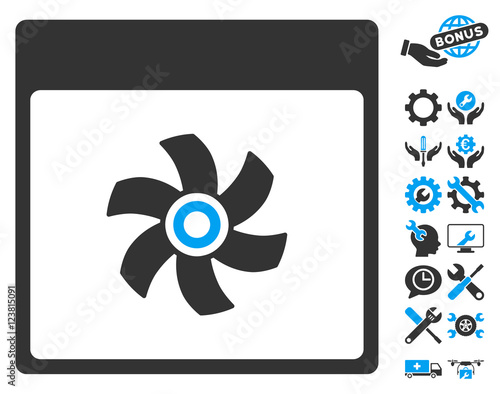 Fan Calendar Page icon with bonus options graphic icons. Vector illustration style is flat iconic symbols, blue and gray, white background.