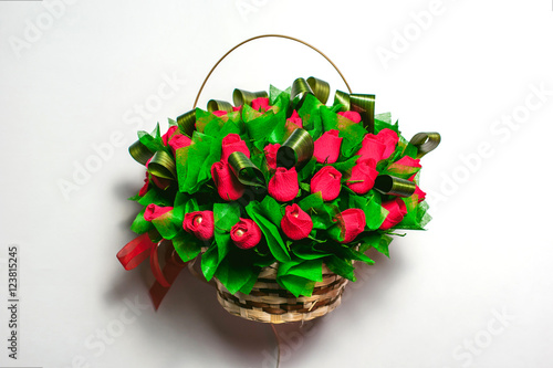 bouquet of paper flowers with chocolates inside. isolated on white background. DIY