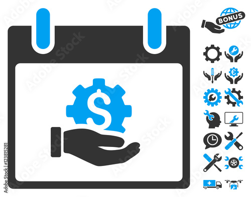 Financial Development Hand Calendar Day icon with bonus setup tools symbols. Vector illustration style is flat iconic symbols, blue and gray, white background.