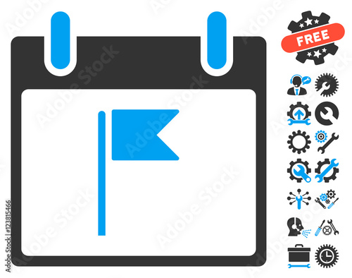 Flag Calendar Day icon with bonus tools clip art. Vector illustration style is flat iconic symbols, blue and gray, white background.