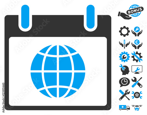 Globe Calendar Day icon with bonus setup tools graphic icons. Vector illustration style is flat iconic symbols, blue and gray, white background.