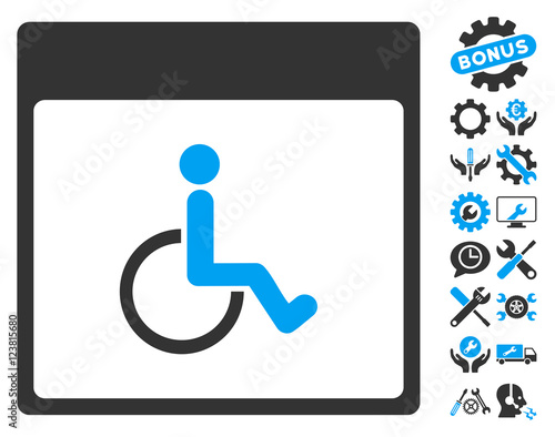Handicapped Calendar Page icon with bonus options symbols. Vector illustration style is flat iconic symbols, blue and gray, white background.