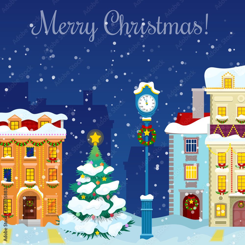 custom made wallpaper toronto digitalMerry Christmas Cityscape with Snowfall, Houses and Christmas Tree Greeting Card. Vector background
