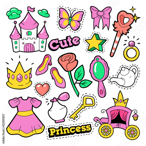 Girl Princess Badges, Patches, Stickers - Crown, Castle, Heart, Ring in Pop Art Comic Style. Vector illustration