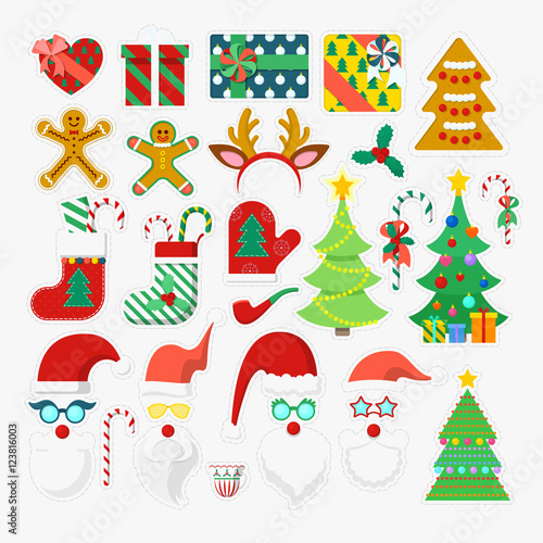 Merry Christmas and Happy New Year Photo Booth Party Elements with Glasses, Props and Antlers. Vector illustration