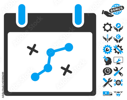 Path Points Calendar Day icon with bonus tools images. Vector illustration style is flat iconic symbols, blue and gray, white background.
