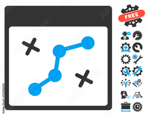 Path Points Calendar Page pictograph with bonus setup tools pictograms. Vector illustration style is flat iconic symbols, blue and gray, white background.