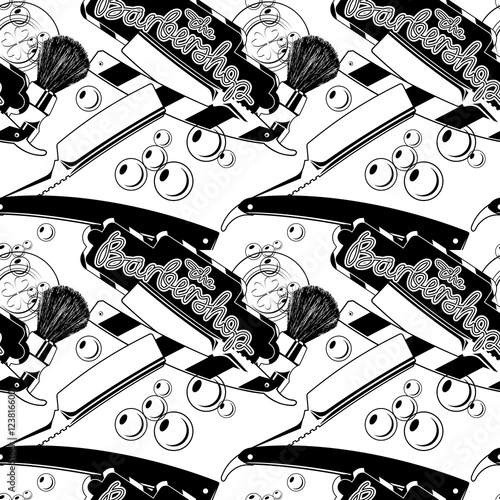 Straight razors and shaving brushes. Seamless pattern with shaving tools. Vector clip art.