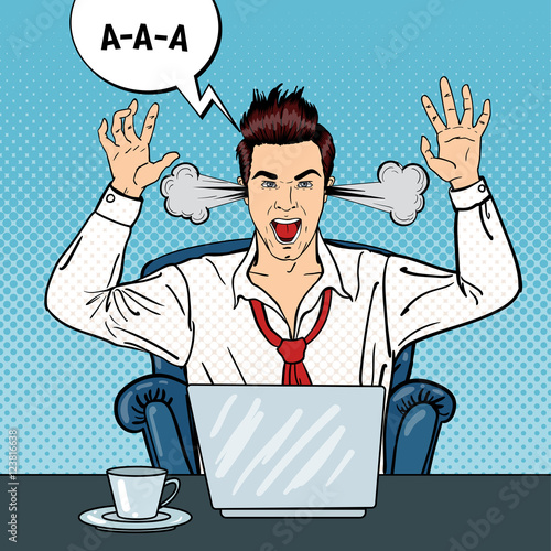 Pop Art Angry Businessman Shouting with Steam Coming out of his Ears. Vector illustration