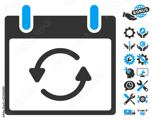 Refresh Calendar Day pictograph with bonus setup tools images. Vector illustration style is flat iconic symbols, blue and gray, white background.