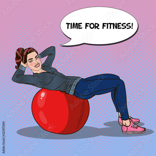 Pop Art Smiling Fit Woman Exercising on Fitness Ball in Gym. Vector illustration