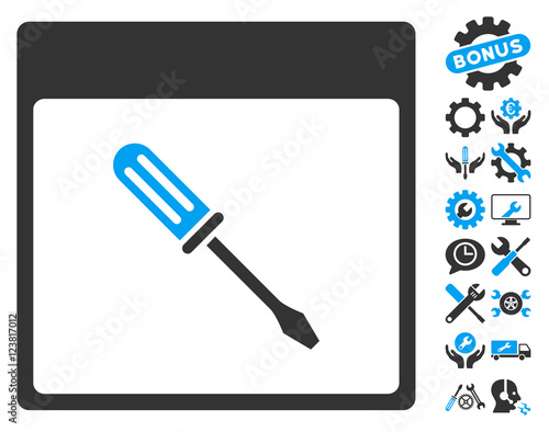 Screwdriver Calendar Page pictograph with bonus setup tools pictograph collection. Vector illustration style is flat iconic symbols, blue and gray, white background.