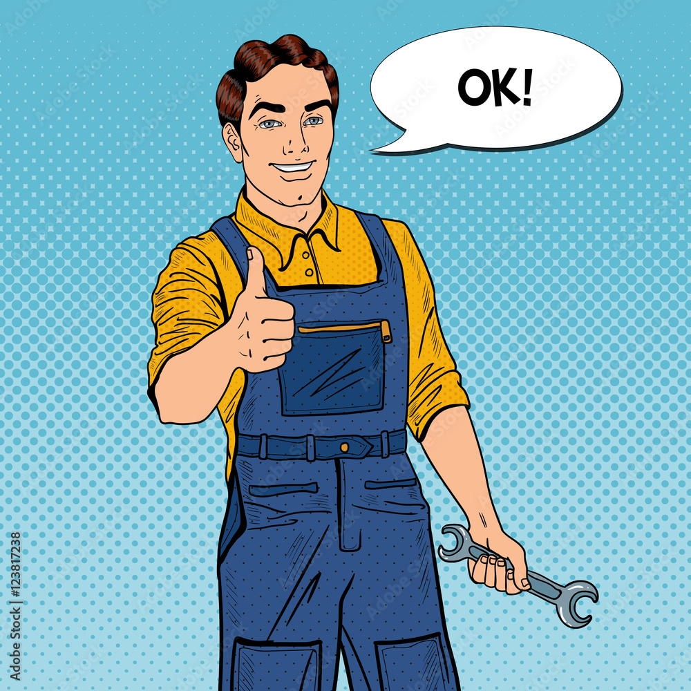 Pop Art Confident Smiling Mechanic with Wrench Thumbs Up. Vector ...