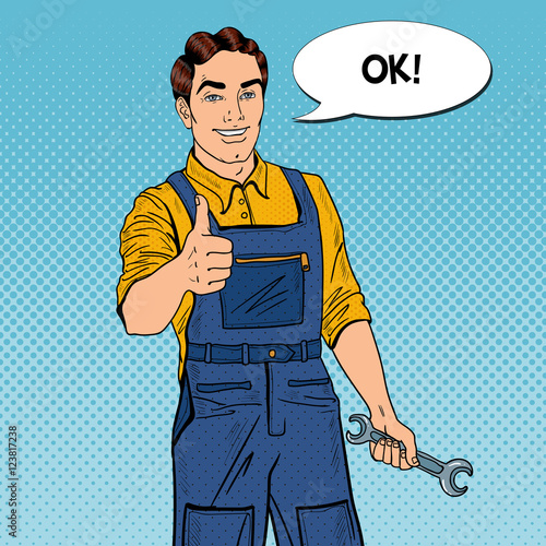 Pop Art Confident Smiling Mechanic with Wrench Thumbs Up. Vector illustration