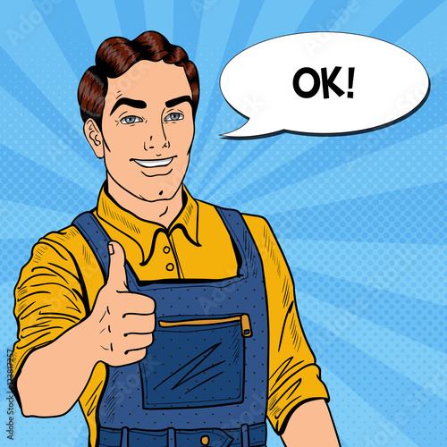 Pop Art Confident Smiling Mechanic with Wrench Thumbs Up. Vector illustration