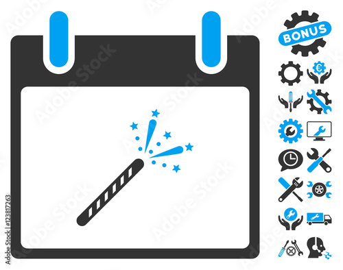 Sparkler Firecracker Calendar Day icon with bonus setup tools icon set. Vector illustration style is flat iconic symbols, blue and gray, white background.