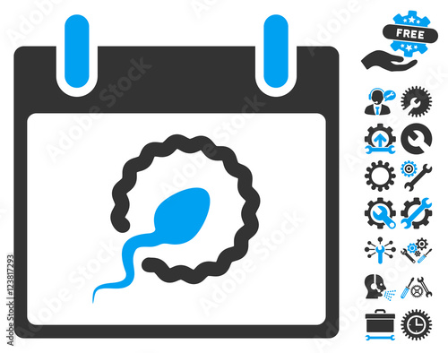 Sperm Insemination Calendar Day pictograph with bonus settings design elements. Vector illustration style is flat iconic symbols, blue and gray, white background.