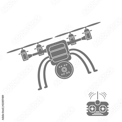 Vector image of drone icon with camera on the white background.