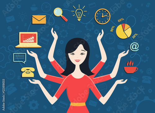 Vector illustration of young business woman, personal assistant or hard working secretary. Busy secretary managing her work with a smile. Business idea concept with icons of office work and ecommerce