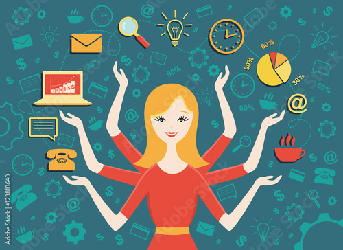 Vector illustration of young business woman, personal assistant or hard working secretary. Busy secretary managing her work with a smile. Business idea concept with icons of office work and ecommerce