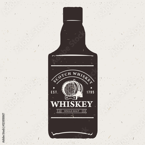 Hand drawn whiskey bottle with logo. Typography monochrome hipst