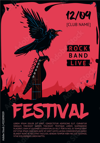 Music poster template for rock concert. Raven with guitar.