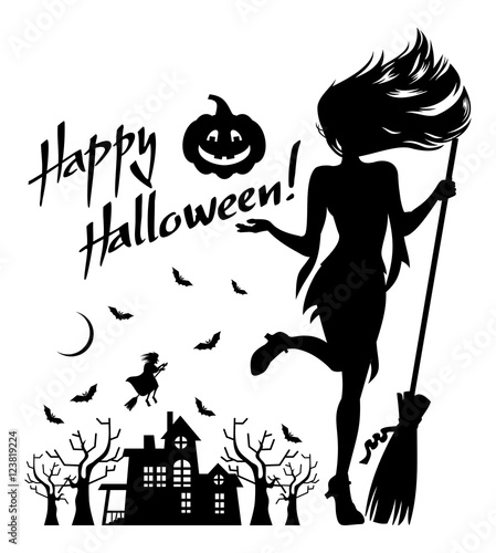 Silhouette of a young girl in the witch costume and holiday greeting "Happy Halloween!".Vector clip art.